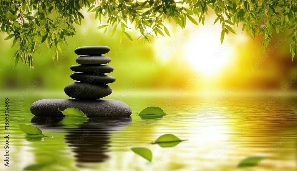 Zen stones balanced on water, serene nature scene (1) Zen stones balanced on water, serene nature scene (1)
