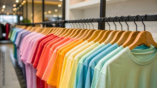 Colorful T-Shirts on Wooden Hangers in Clothing Store
