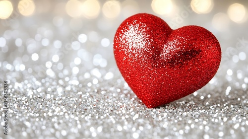 Red glitter heart on silver glitter background.