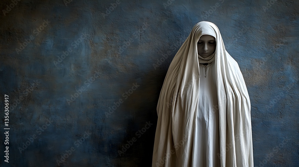 Veiled statue against textured wall. Veiled statue against textured wall.