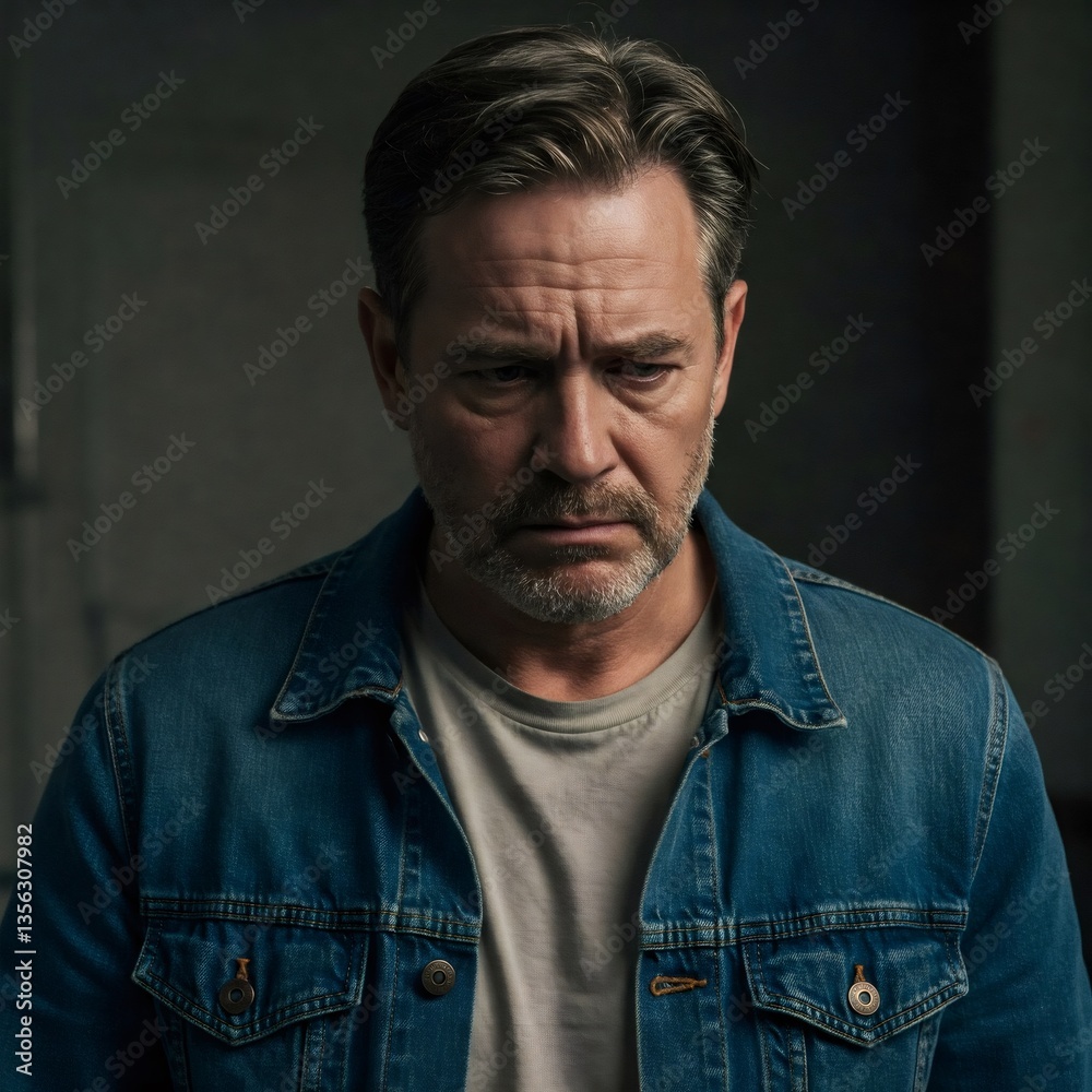 Sad mature man looking down wearing denim jacket on gray background Sad mature man looking down wearing denim jacket on gray background