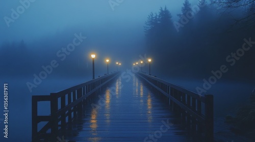 Foggy night on a wooden pier with glowing lamps illuminating the tranquil waters and surrounding trees