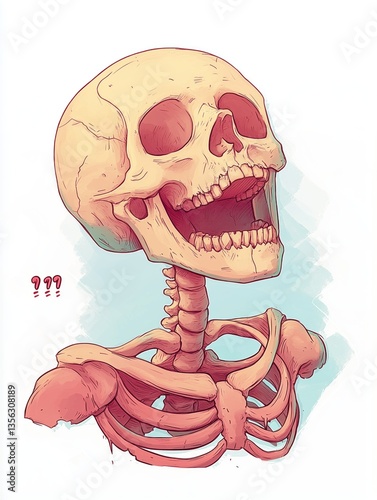Hand-drawn watercolor skull laughing, soft pastel bones, artistic and fun skeleton isolated on white.