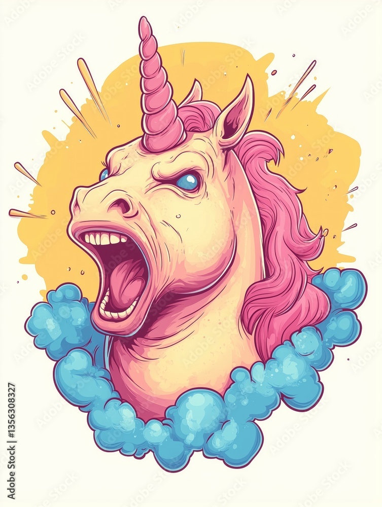Cute and funny unicorn shouting, blue mane, pink and yellow contrast, hand-drawn expressive illustration, isolated on white