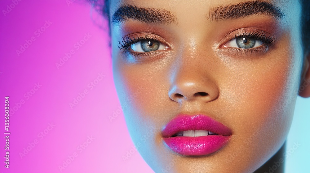 Striking portrait of a model with vibrant pink lips, capturing bold elegance and modern allure. Striking portrait of a model with vibrant pink lips, capturing bold elegance and modern allure.