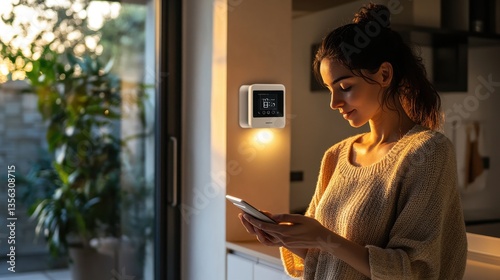 Woman using smart home app on phone  controlling thermostat