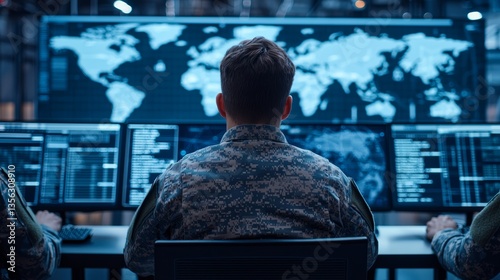 Military personnel analyzing global data control room digital interface high-tech environment overhead view strategic insights
