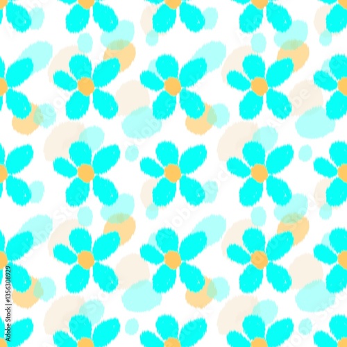 seamless pattern with blue flowers on white background, abstract ikat art.