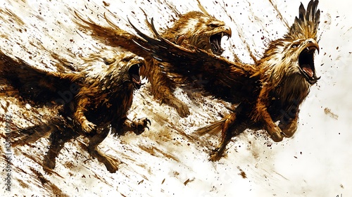 Three griffins in flight, roaring, midst a sandstorm.
