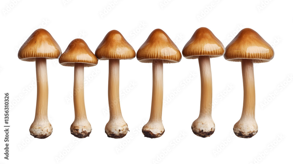 Six mushrooms in a row with brown caps and white stems on a transparent background Six mushrooms in a row with brown caps and white stems on a transparent background