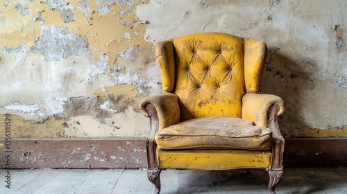 Solitary Vintage Yellow Armchair in a Decaying Room
