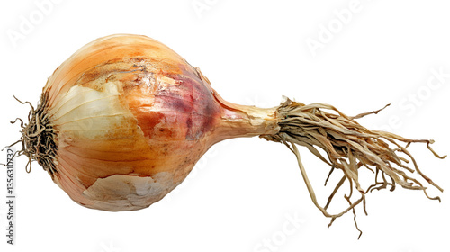 Single raw onion bulb with roots and papery skin isolated on transparent background