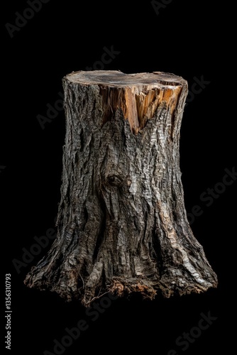 Close-up view of a tree trunk stump on a dark or black background, suitable for various design projects and themes