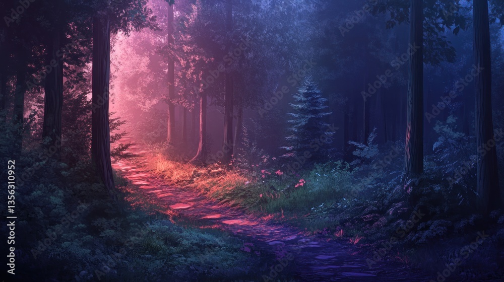 Fototapeta premium Enchanted path through mystic forest illuminated by ethereal hues