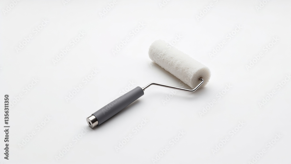 Clean unused paint roller resting on a white surface, ready for painting and home improvement