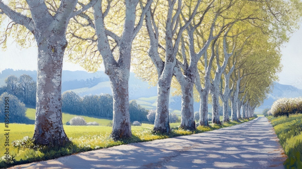 Fototapeta premium Sun-dappled road flanked by elegant sycamores, a serene painted vista