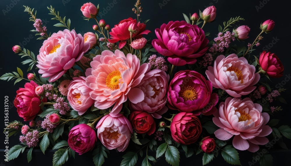 Floral Arrangement Featuring Pink and Red Peonies with Green Foliage Floral Arrangement Featuring Pink and Red Peonies with Green Foliage