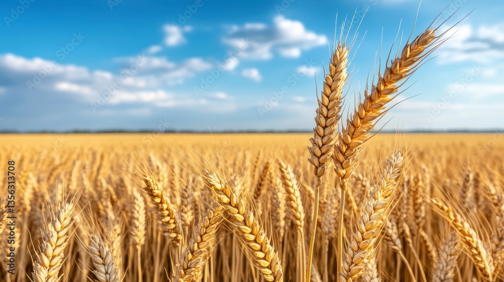 Fototapeta premium Vast Organic Wheat Field Under a Blue Sky with Fluffy Clouds and Golden Crops