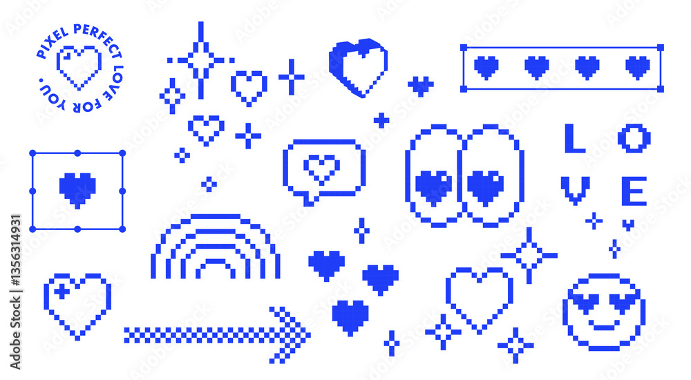 Y2k inspired retro pixel art icon pack. Smile, heart, rainbow, eyes and cool game elements set. Vector illustration on a white background. Mood of 90's trendy digital 8 bit collage stickers