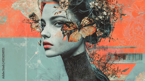 Surreal Digital Collage Fusing Traditional Art and Modern Techniques, Featuring a Vibrant Female Figure. Generative AI
