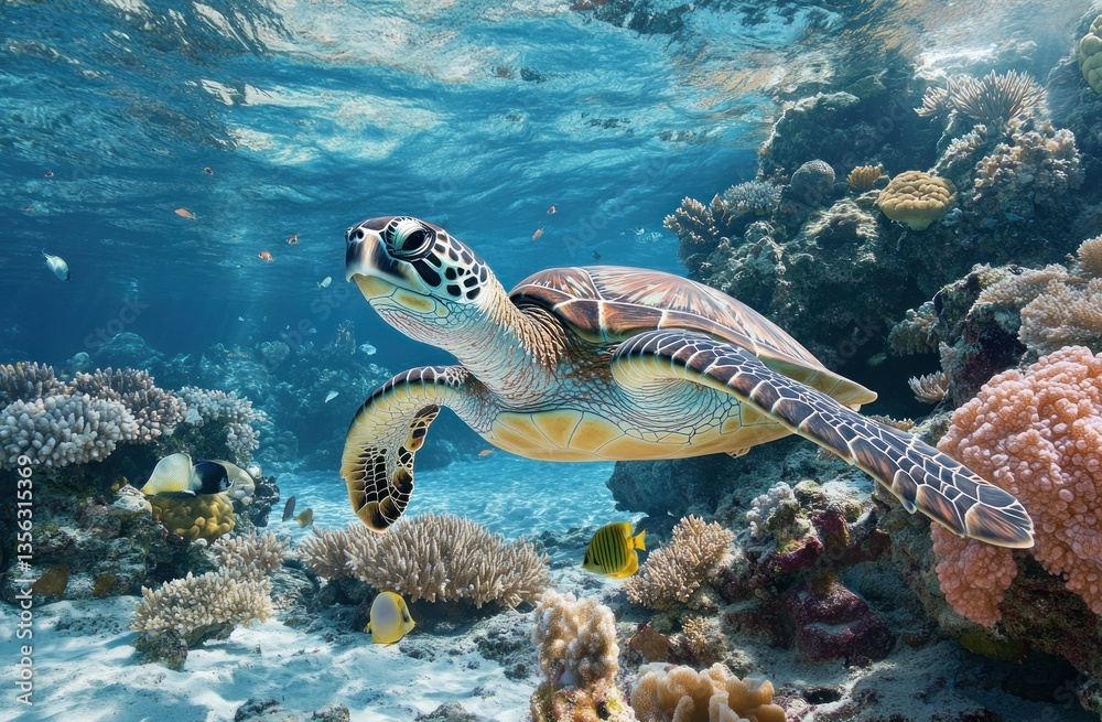 Fototapeta premium A sea turtle is seen swimming