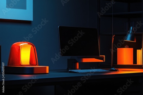 A desk with a computer and a lamp, great for office or home workspaces