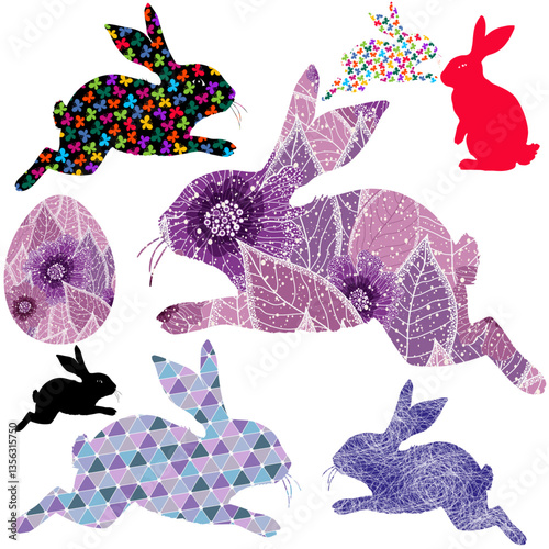 Vector set colorful hand drawn Easter bunnies on transparent background. For textile, wallpaper and packaging