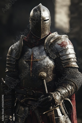 Armored knight in detailed steel plate, a medieval warrior with a worn helmet and sword, ready for battle.