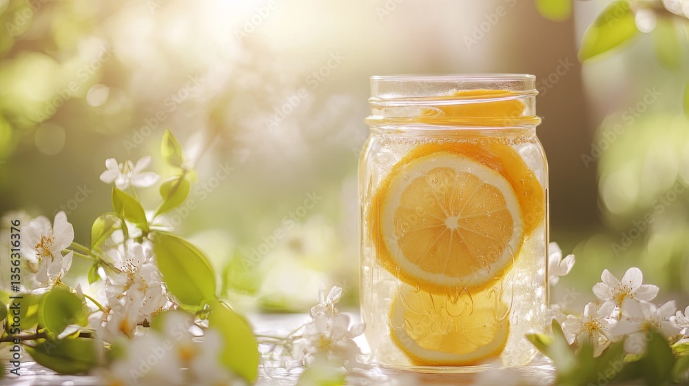 A refreshing citrus and honey sparkling water in a mason jar, surrounded by spring flowers and soft light pic A refreshing citrus and honey sparkling water in a mason jar, surrounded by spring flowers and soft light pic