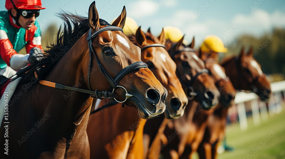 Obraz premium Group of horse rider on horses about to start race standing in row during horse racing competition