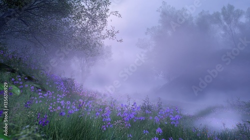 Ephemeral enchantment, A dreamscape meadow veiled in ethereal morning mist photo