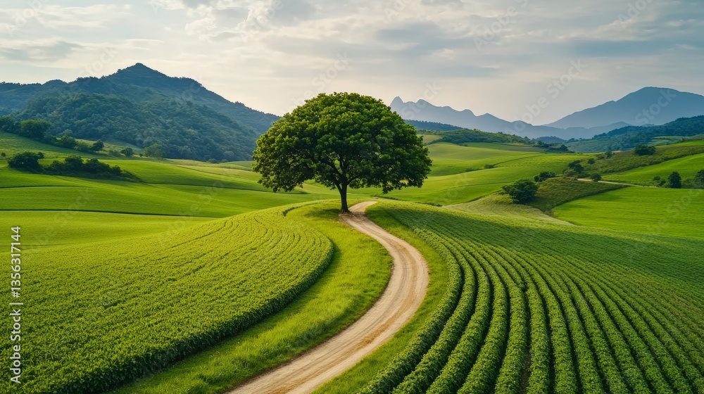 Fototapeta premium Cinematic Time Lapse Effect of Organic Farm Landscape with Green Fields and Majestic Tree