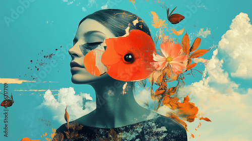 Surreal Digital Collage Merges Traditional Art to Create a Vibrant Expression of Nature and Identity. Generative AI