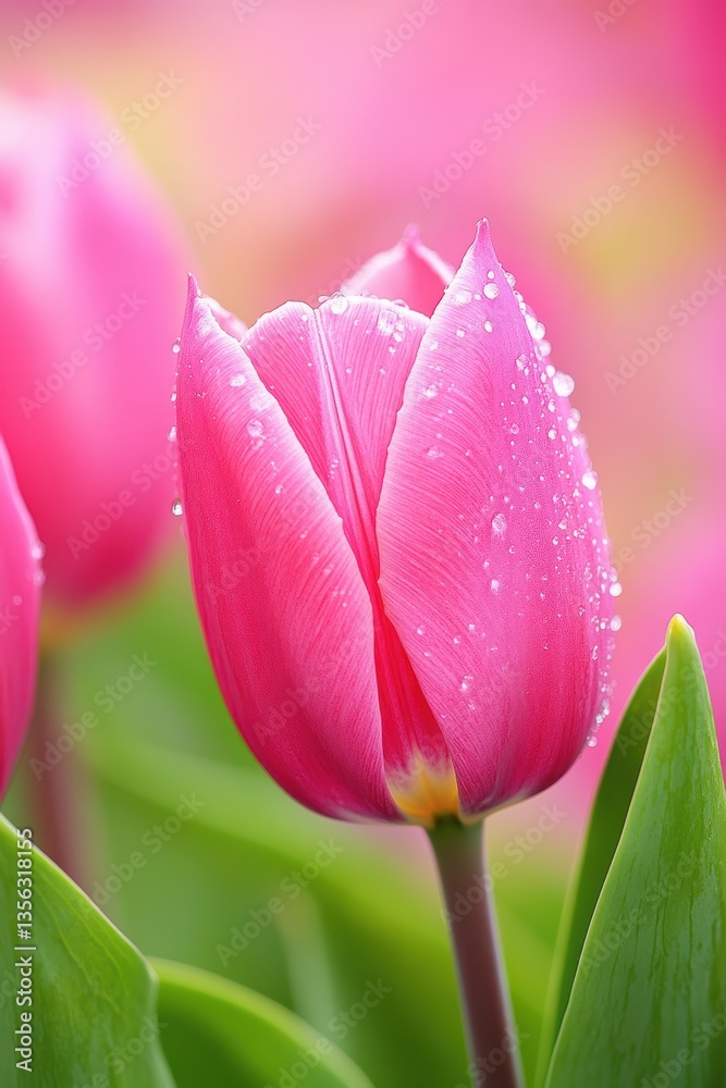 Fresh pink tulip flower with raindrops, vibrant spring garden, nature beauty, Mothers Day gift idea, blooming season, floral close-up, vibrant colors. Fresh pink tulip flower with raindrops, vibrant spring garden, nature beauty, Mothers Day gift idea, blooming season, floral close-up, vibrant colors.