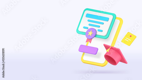 Online education diploma graduation digital school college university banner copy space vector illustration. E learning remotely class lesson distant studying certificate knowledge technology