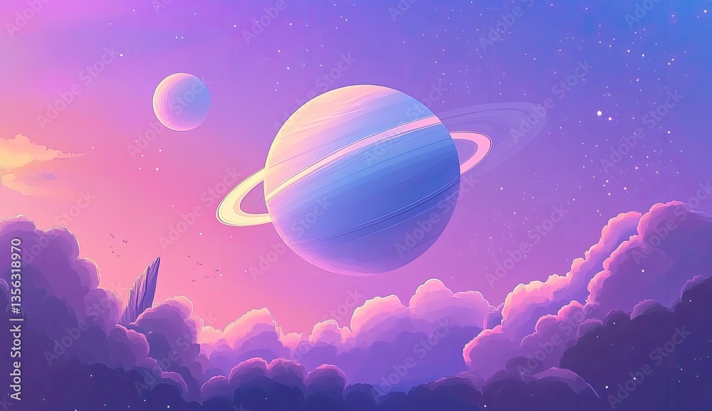 A serene, stylized depiction of a celestial landscape with a ringed planet, floating clouds, and a soft, pastel color palette A serene, stylized depiction of a celestial landscape with a ringed planet, floating clouds, and a soft, pastel color palette