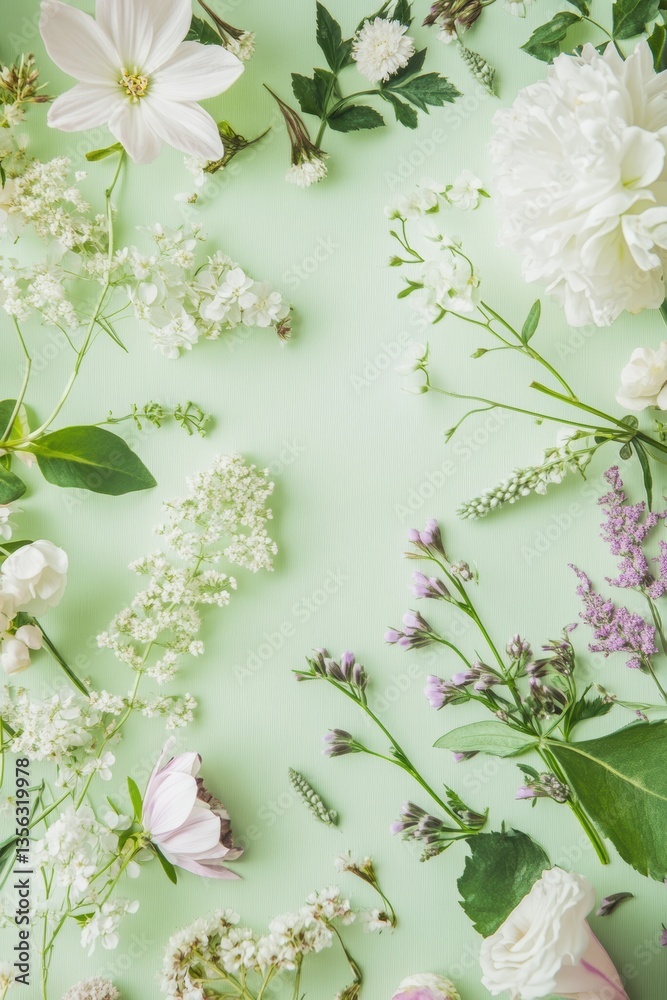 Fototapeta premium Fresh floral arrangement, delicate blooms on mint background, spring vitality, Mother’s Day, natural beauty, vibrant petals, seasonal decor, eco-friendly design.