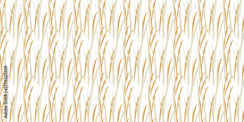 Seamless pattern of hand-drawn golden and beige grass blades on a white background. Perfect for textiles, wallpapers, packaging, and nature-inspired designs.