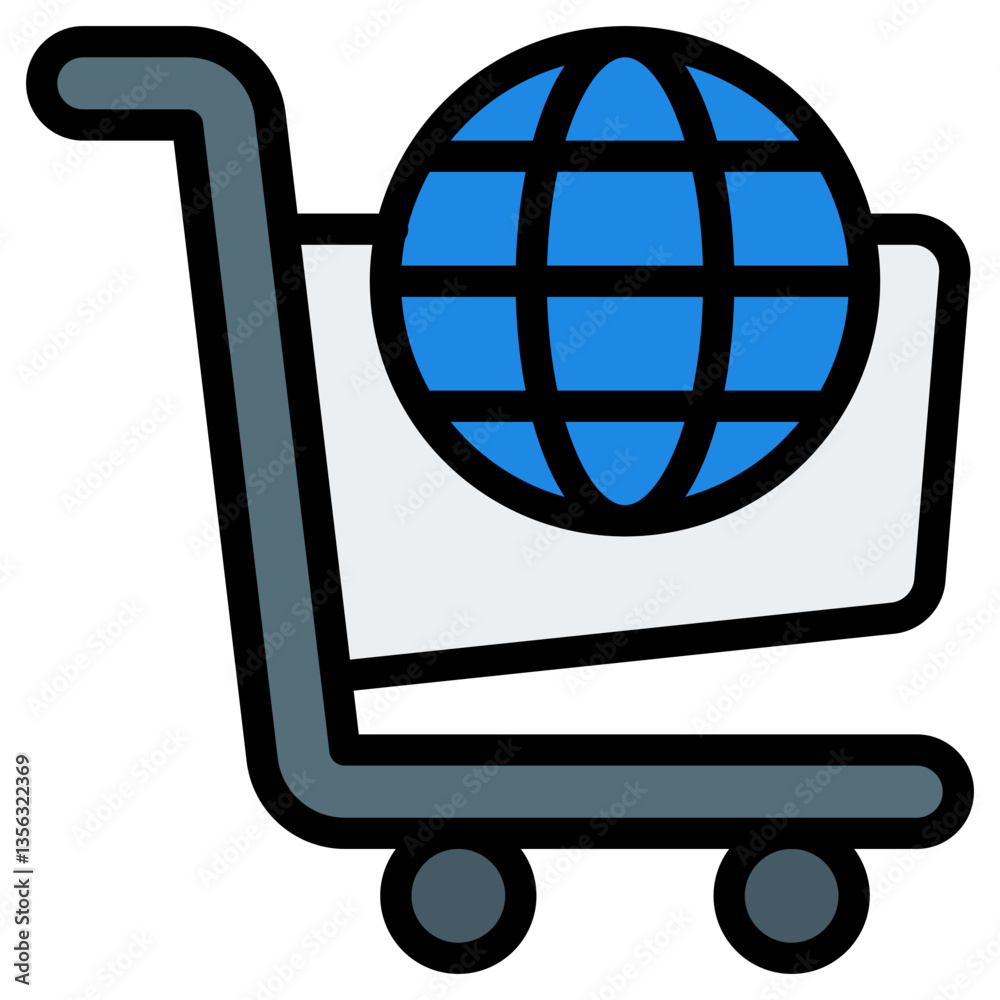 Shopping Cart with Globe Icon. Filled Line Editable Stroke Shopping Cart with Globe Icon. Filled Line Editable Stroke