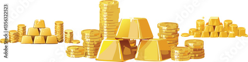 Business success, finance, wealth, banking and stock exchange market investment concept: group of gold ingots or bullions and stacks of golden coins isolated on a white background with stacks of bars