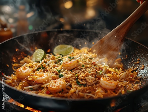 Pad Thai shrimp noodles cooking in wok with crushed peanuts and lime slices, steam rises from spicy flavorful street food dish