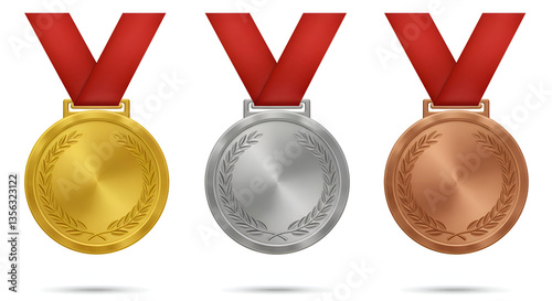 Gold, silver, and bronze medals with ribbons, representing first, second, and third place