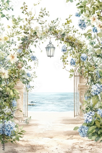 A watercolor painting depicts a coastal scene with plants and flowers
