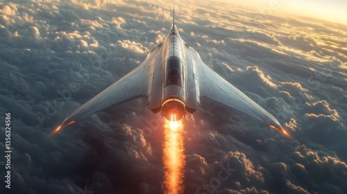 A futuristic spaceplane ignites its rocket engines, ascending through clouds as it demonstrates innovative propulsion capabilities during a hypersonic launch test in the evening sky.