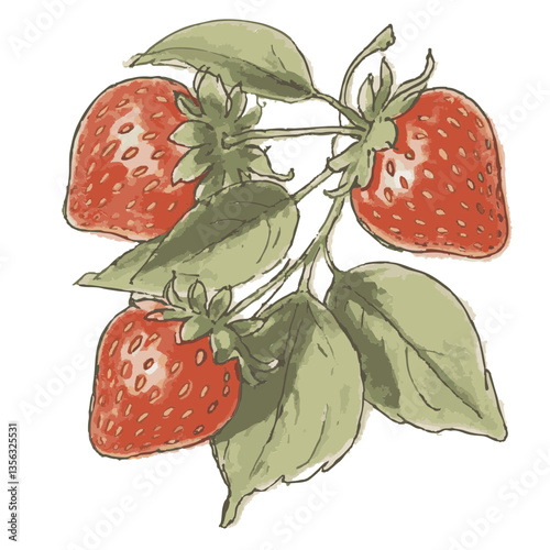 Loose hand-drawn strawberry illustration. Organic. Watercolor. Coloring. Color. Vector