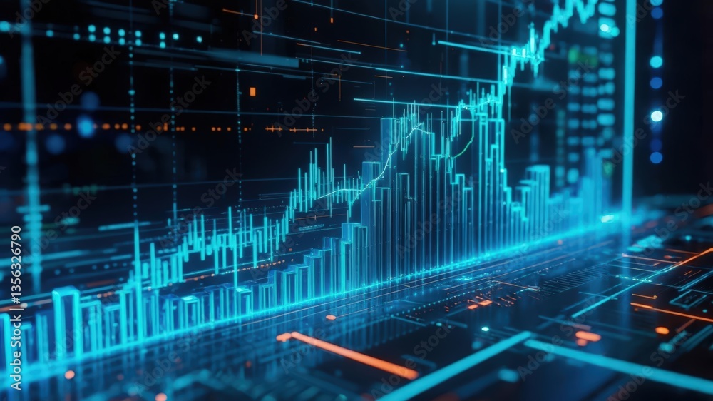 Digital financial graph with blue data visualization on a dark background. Digital financial graph with blue data visualization on a dark background.