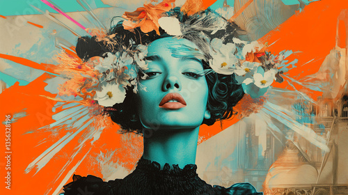 A Striking Portrayal of a Woman With Floral Accents in Her Hair, Blending Traditional Artistic Elements With Bold Colors