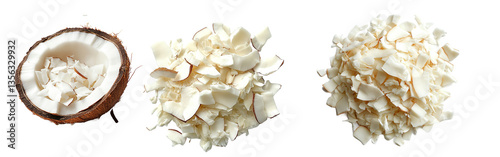 Various Forms of Fresh Coconut Pieces and Shreds  isolated with Transparent PNG