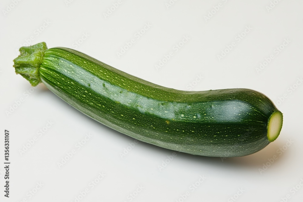 A fresh green zucchini vegetable displayed on a white surface A fresh green zucchini vegetable displayed on a white surface