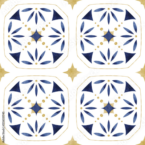 Watercolor decorative Mediterranean tiles elements pattern. Ornamental design for wrapping paper, textiles, postcards, stationery, borders